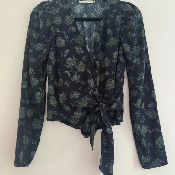 Abercrombie and Fitch Floral Wrap Blouse - Navy and Green - Picture 1 of 5